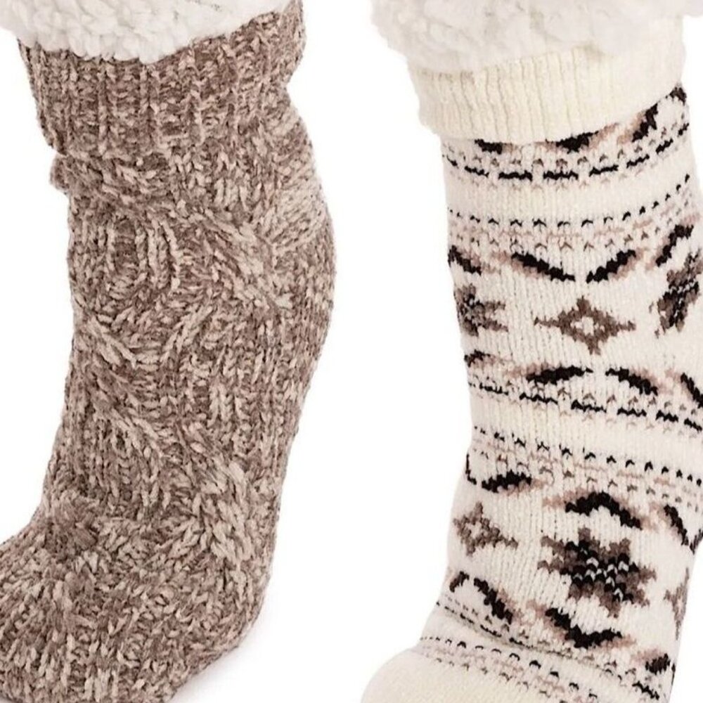MUK LUKS Women's 2 Pack Lined Socks Faux Fur SIZE 5-7 Creme Tan NEW - Picture 2 of 9